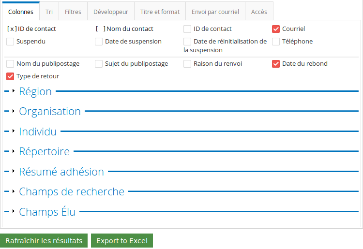 Le rapport des rebonds permet d'extraire les paramètres des contacts qui n'ont pas pu être rejoints.