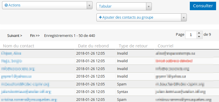 Le rapport des rebonds d'envois massif permet de connaître la raison des rebond pour chaque adresse courriel.