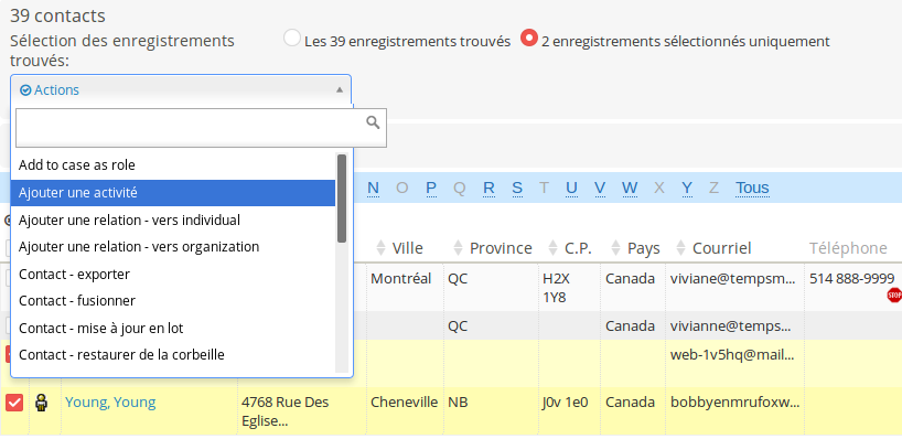 La barre d'action d'un résultat de recherche sert à appliquer une même action sur un ensemble de contacts.